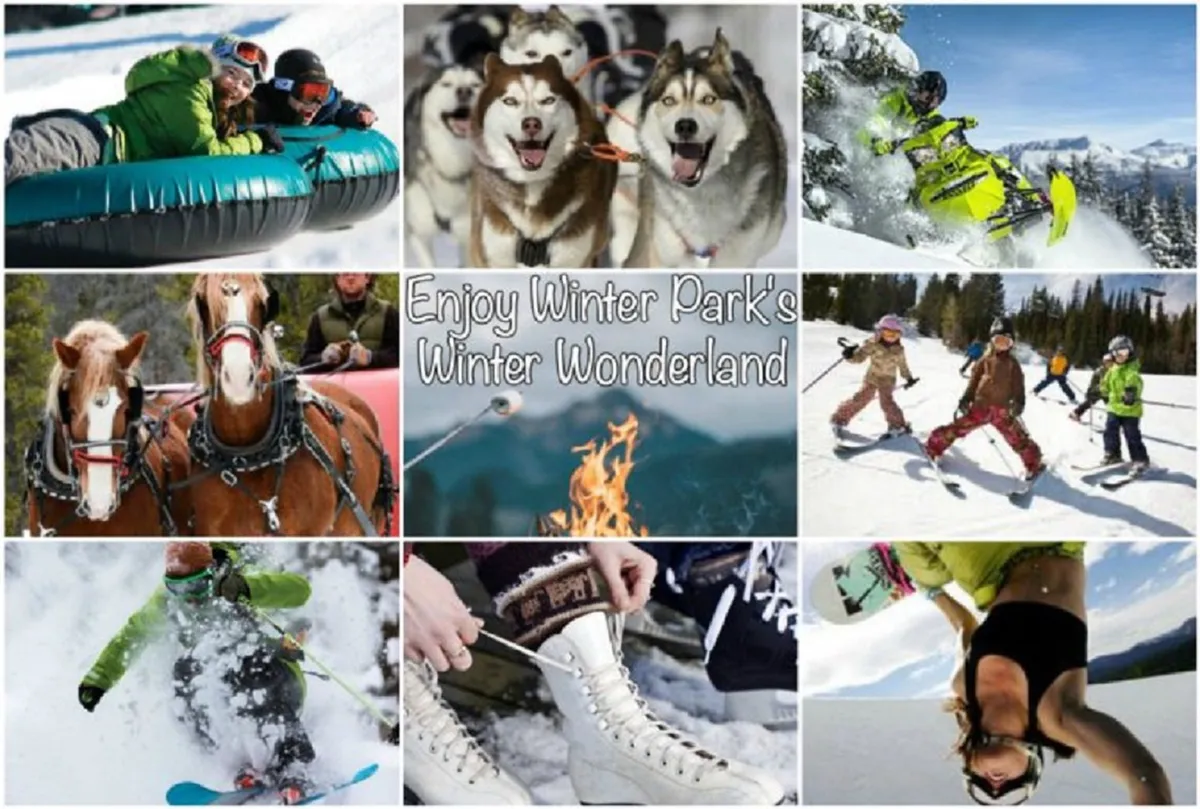 An action-packed winter scene featuring people snow tubing, snowmobiling, dog sledding, sleigh rides, skiing, ice skating, and snowboarding. The snowy landscape buzzes with families and friends enjoying a variety of classic mountain winter activities, adding to the excitement and seasonal appeal.