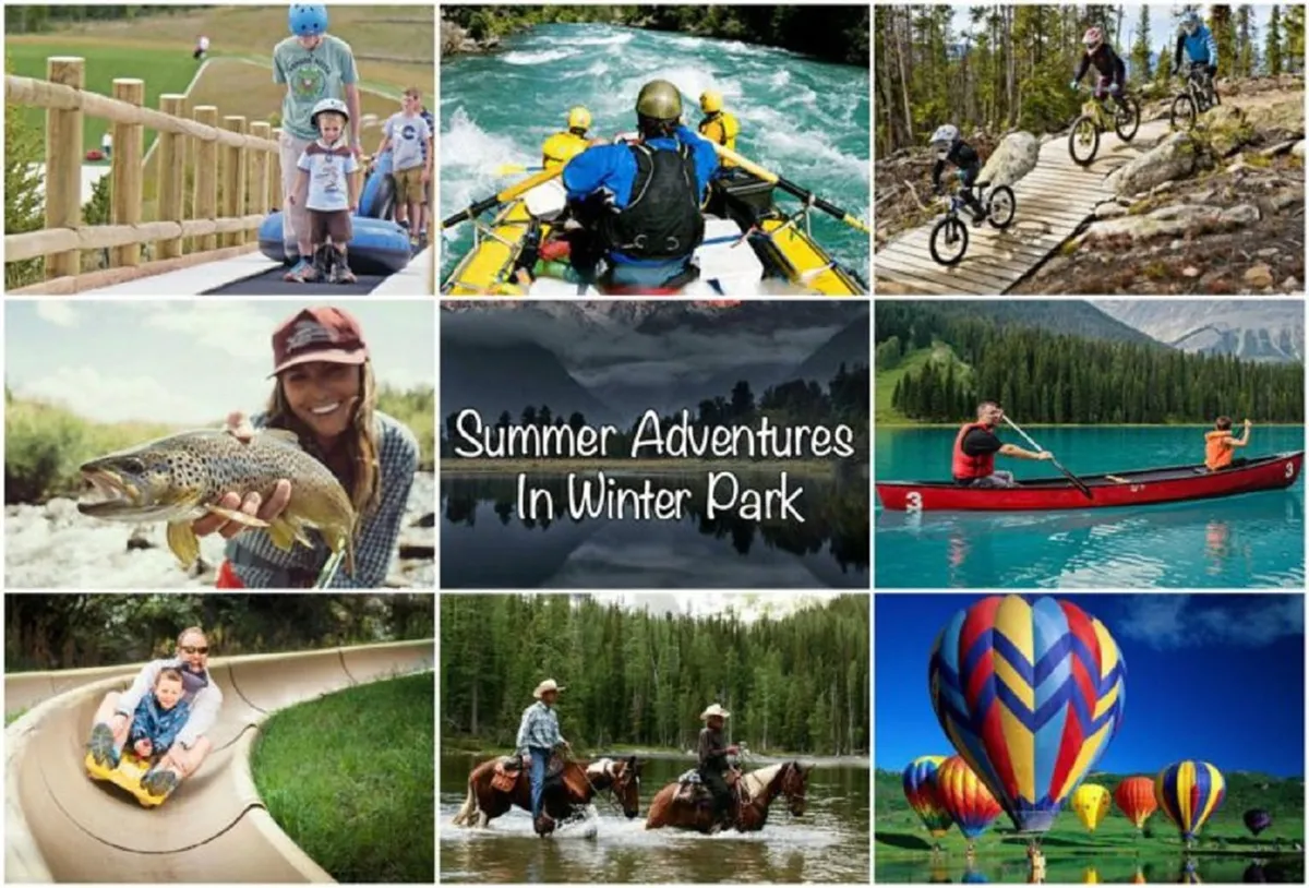 This vibrant exterior image captures families joyfully participating in a range of outdoor activities, including water sports, mountain biking, fishing, horseback riding, and even hot air ballooning, all set against a stunning mountain backdrop. The scene is lively and adventurous, showcasing the excitement and diversity of outdoor experiences available.