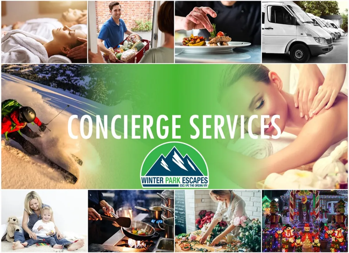 A collage of luxury experiences inside the home, featuring a spa treatment in progress, gourmet food delivery, a family gathered together, cooking activities, and wintry outdoor scenes. The mood is indulgent and comforting.